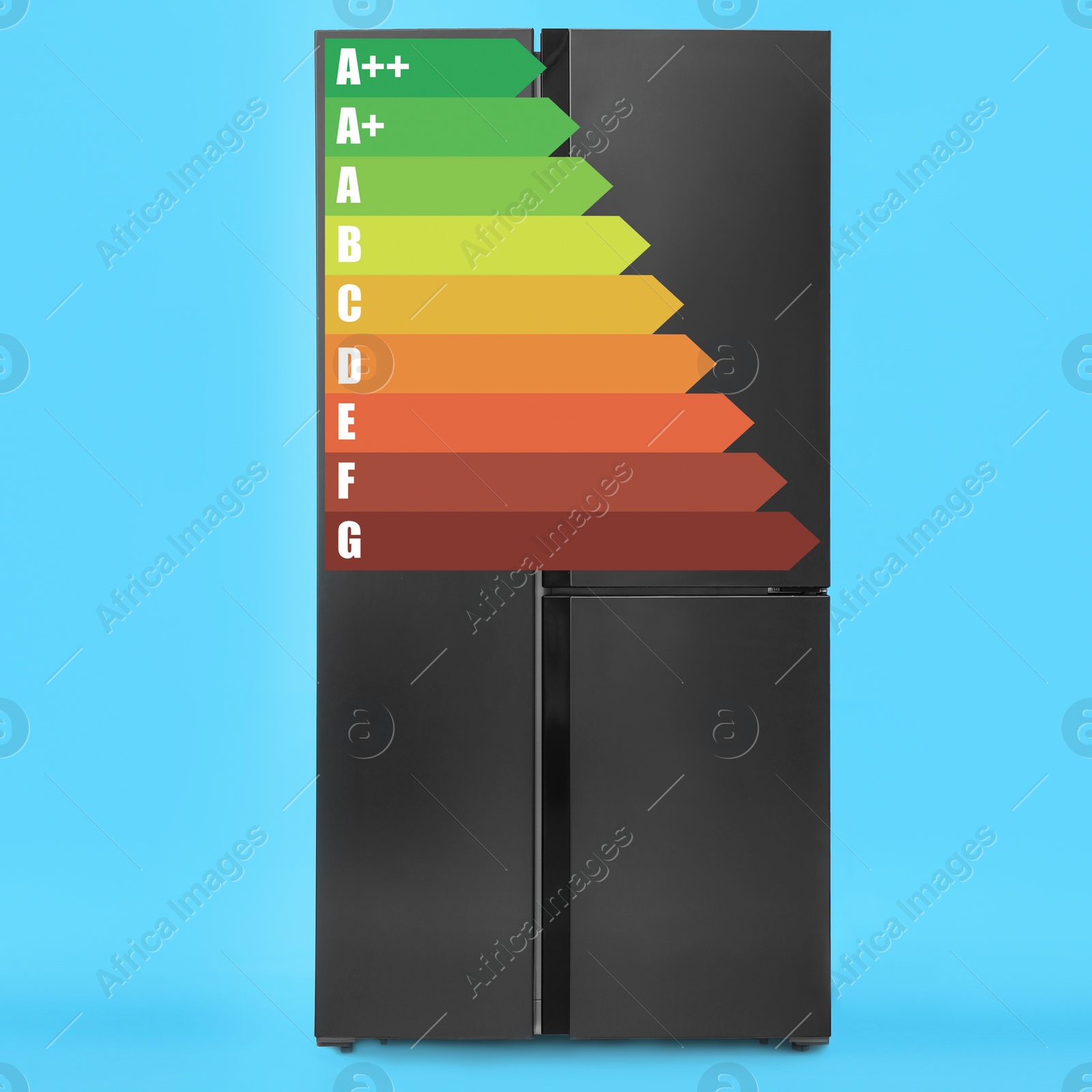 Image of Energy efficiency rating label and refrigerator on light blue background