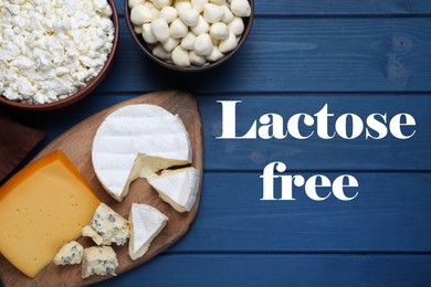 Tasty lactose free cheeses on blue wooden table, flat lay