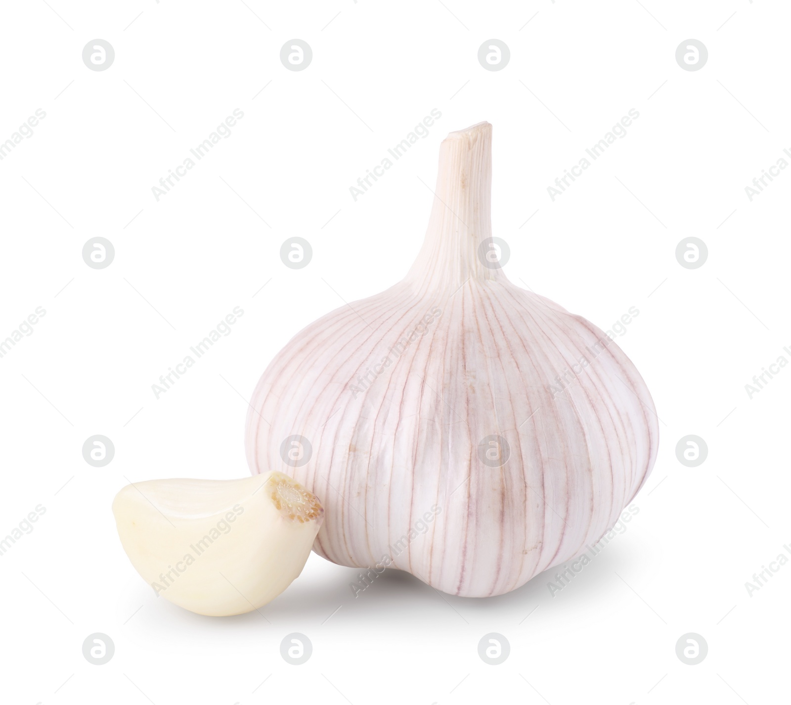 Photo of Fresh head of garlic and clove isolated on white