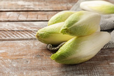 Photo of Fresh raw Belgian endives (chicory) on wooden table, closeup. Space for text