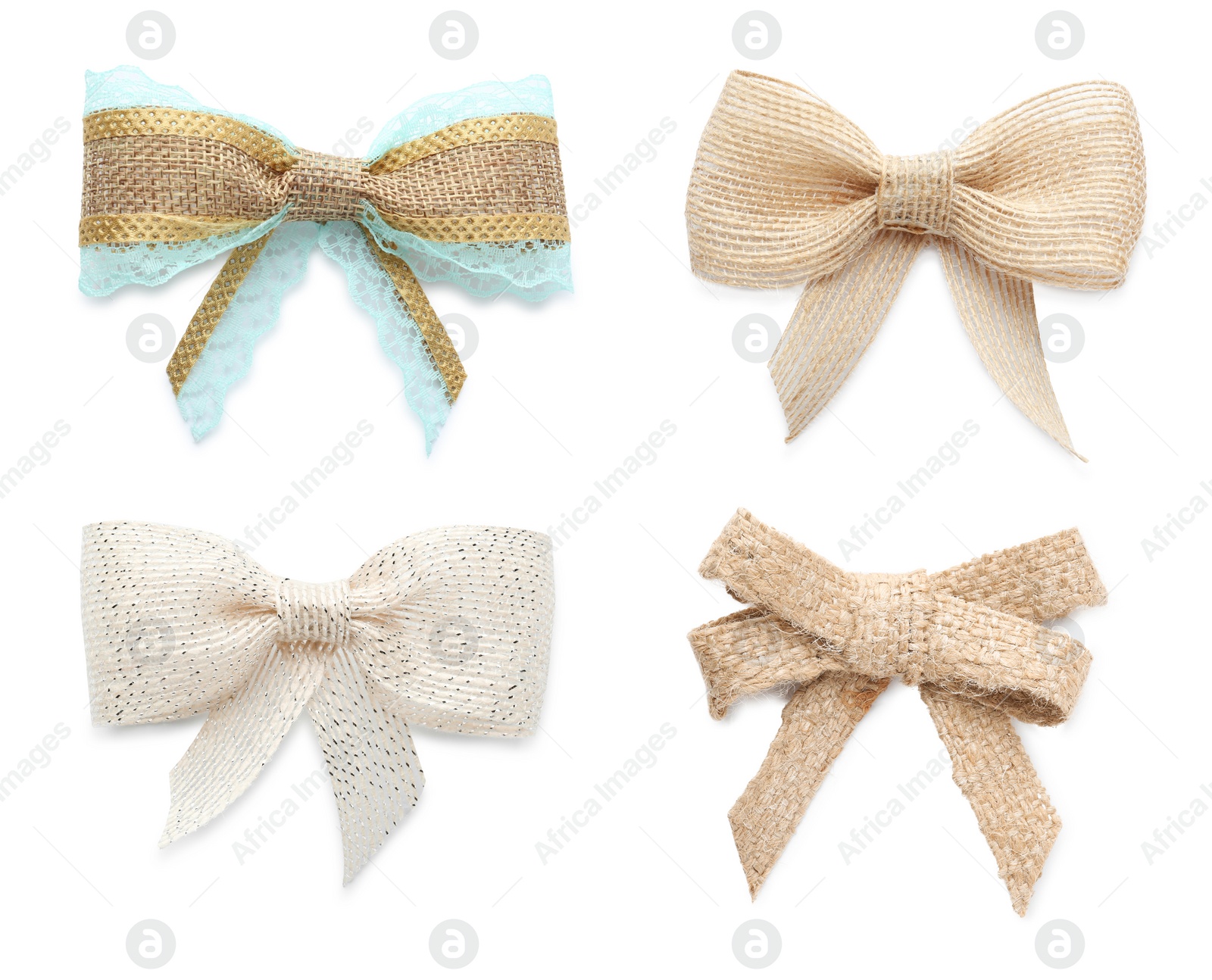 Image of Set with different pretty burlap bows on white background 