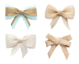 Image of Set with different pretty burlap bows on white background 