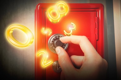 Image of Man locking steel safe, closeup. Numbers symbolizing code combination flying around