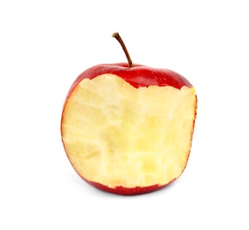 Photo of Half eaten red apple on white background