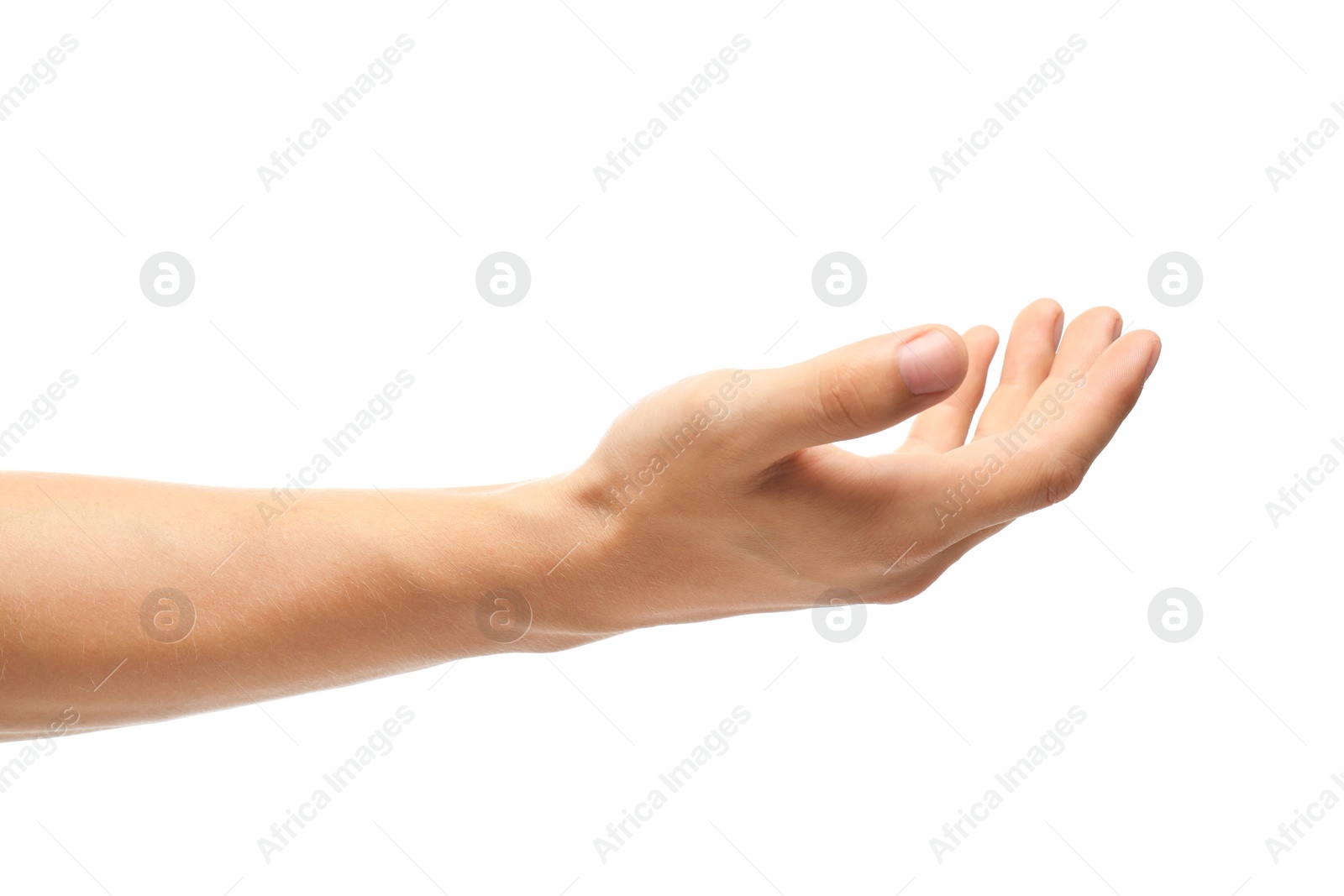 Photo of Young man held out hand on white background, closeup