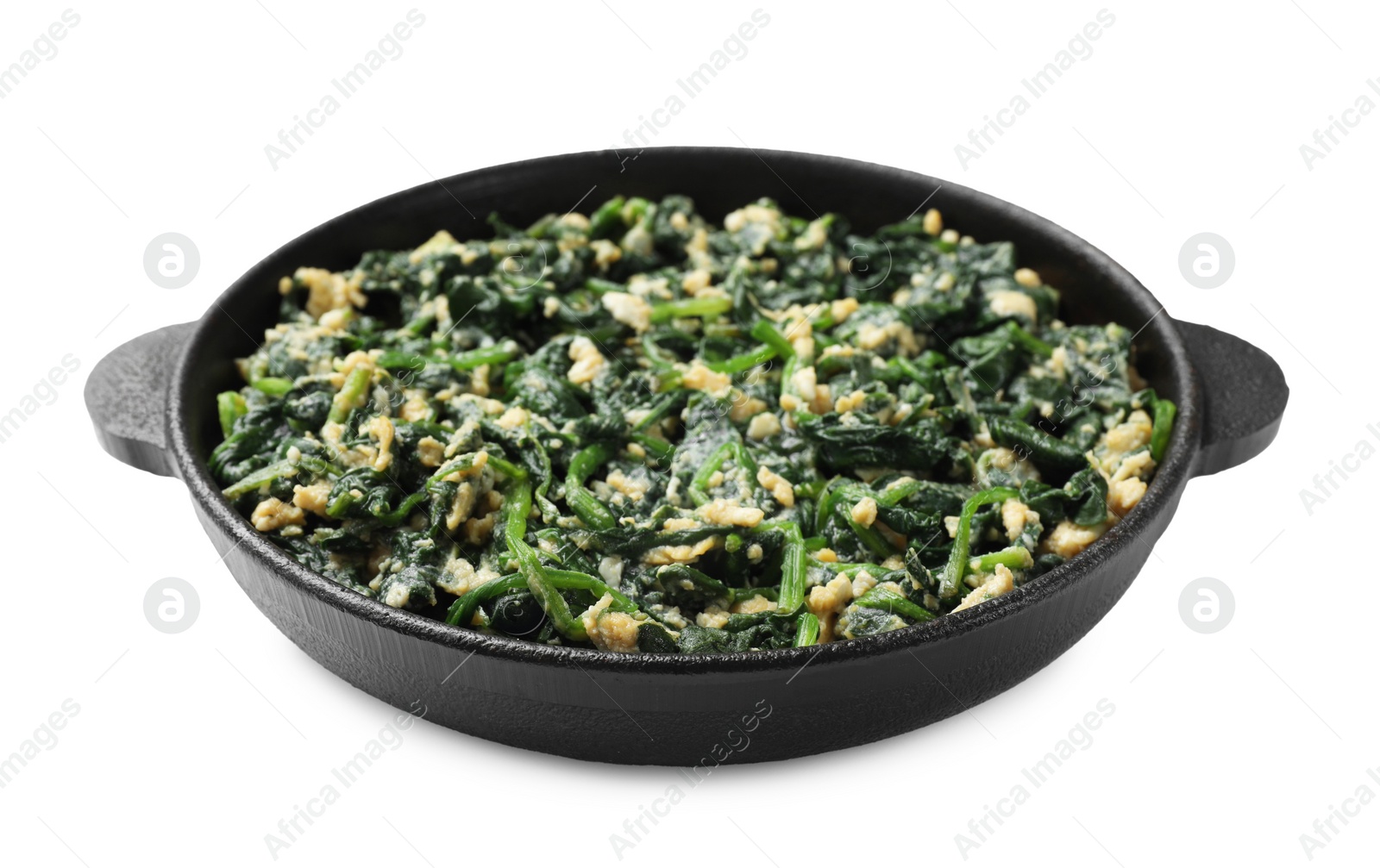 Photo of Tasty spinach dip with eggs in dish isolated on white