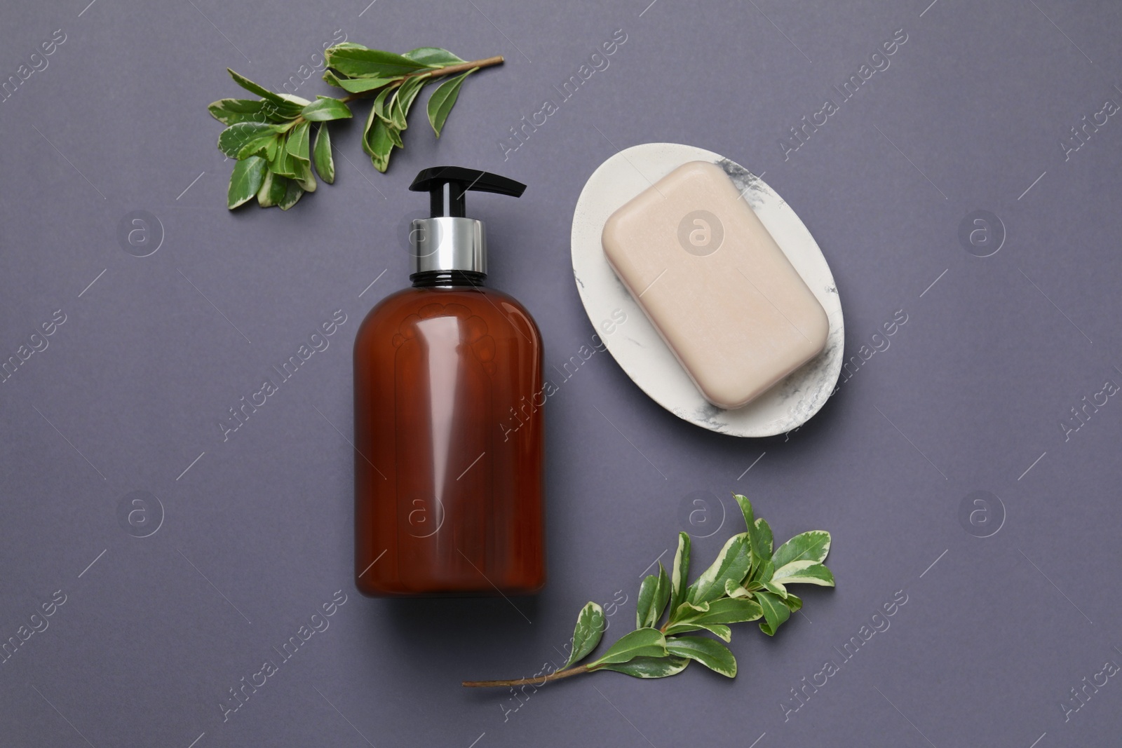 Photo of Soap bar, bottle dispenser and branches on black background, flat lay