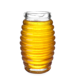 Jar with organic honey isolated on white