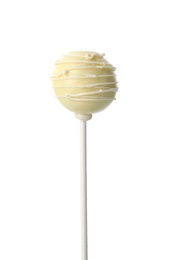 Photo of Sweet decorated cake pop on white background