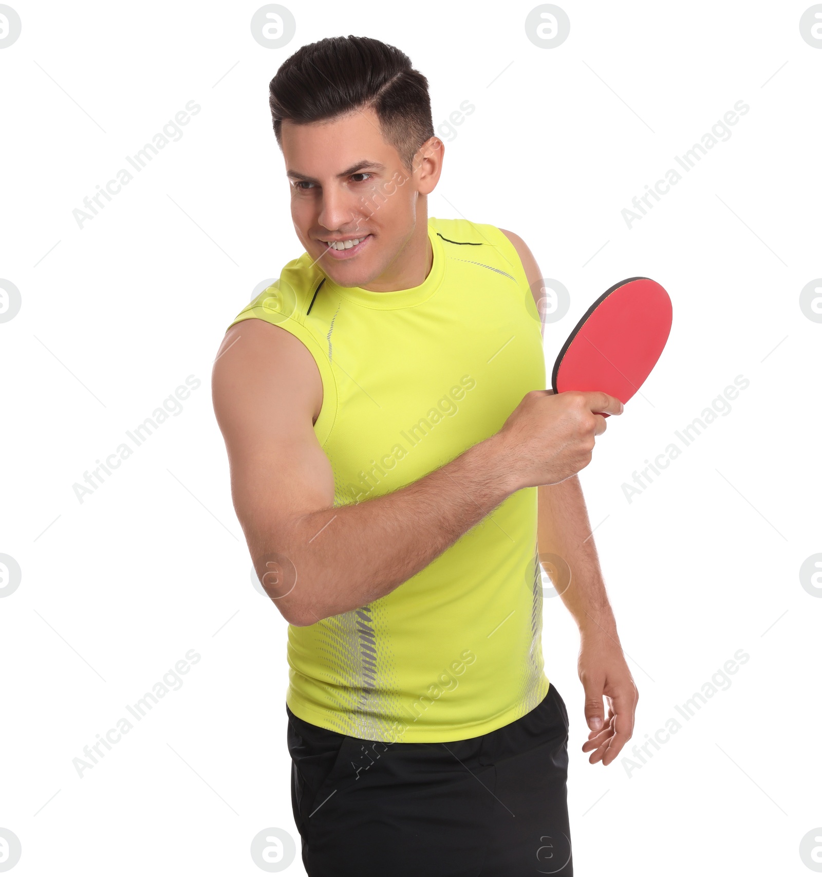 Photo of Handsome man with table tennis racket on white background. Ping pong player