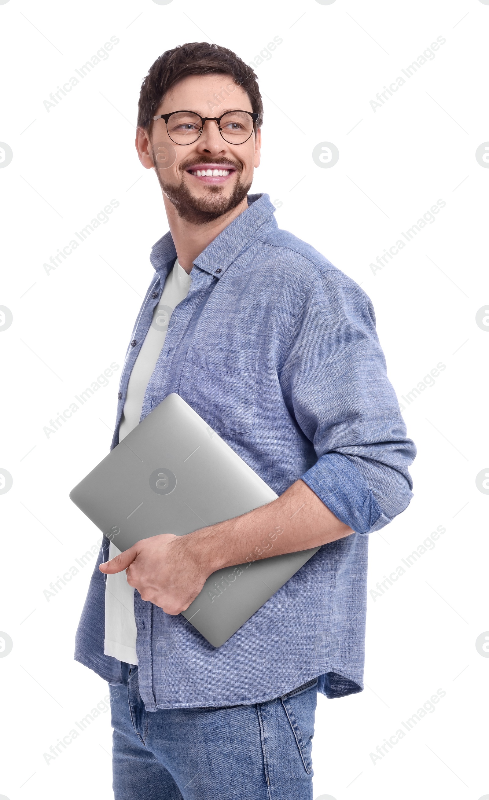 Photo of Happy man with laptop on white background