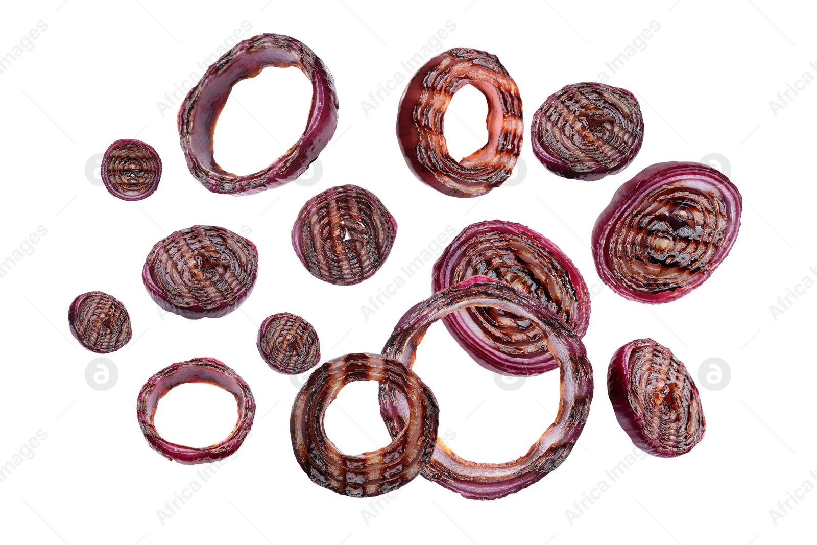 Image of Grilled onion rings in air on white background