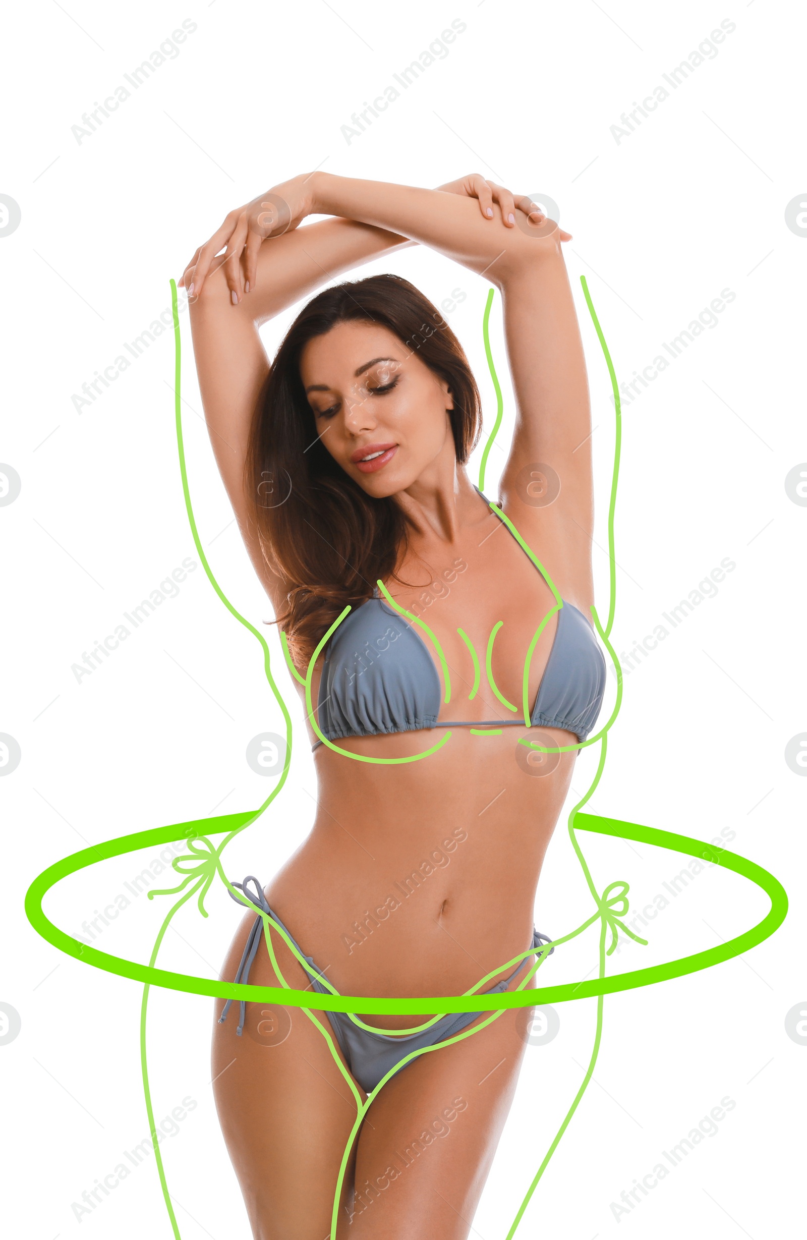 Image of Beautiful slim woman on white background. Outline training with hoop as her overweight before workout