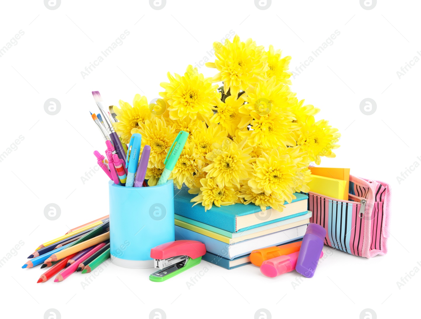 Photo of Beautiful flowers and stationery on white background. Teacher's Day