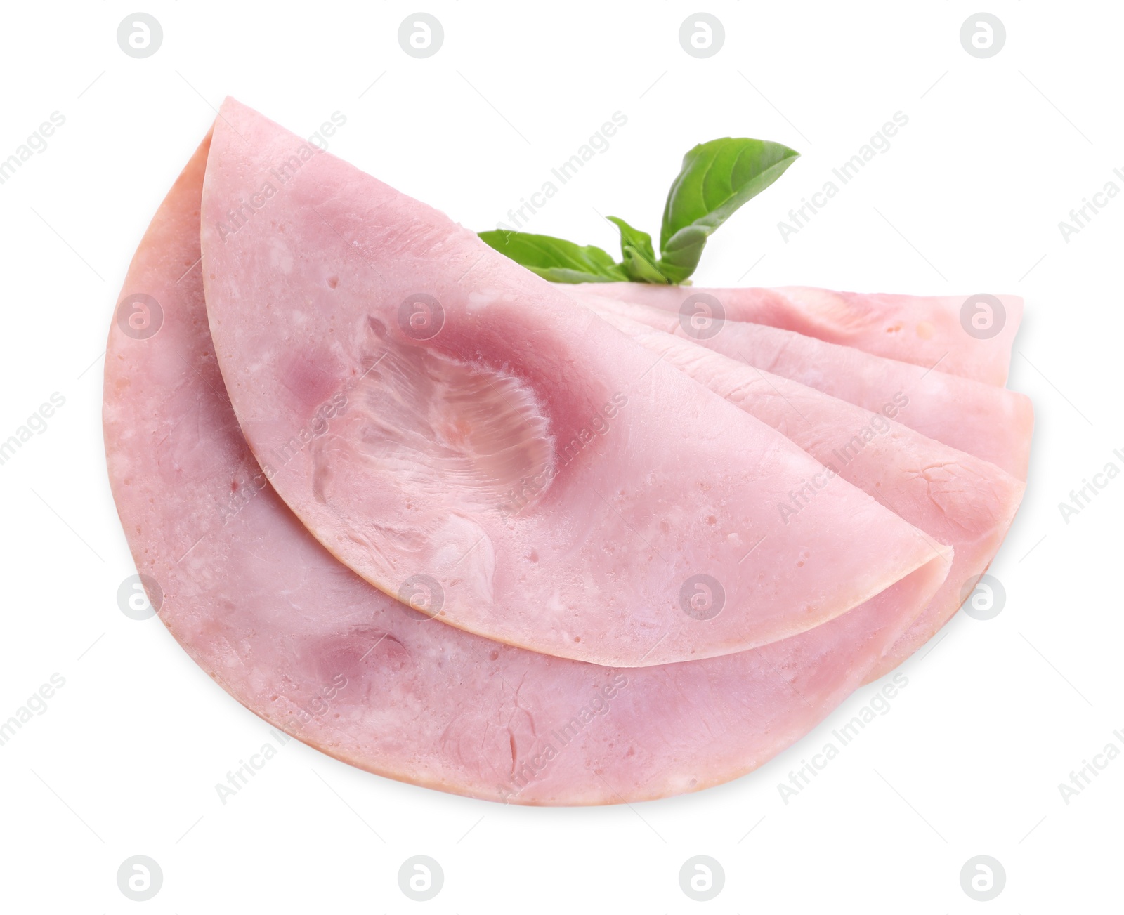 Photo of Slices of tasty ham and basil isolated on white