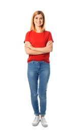 Full length portrait of beautiful woman posing on white background