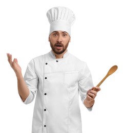 Photo of Emotional mature male chef with spoon on white background