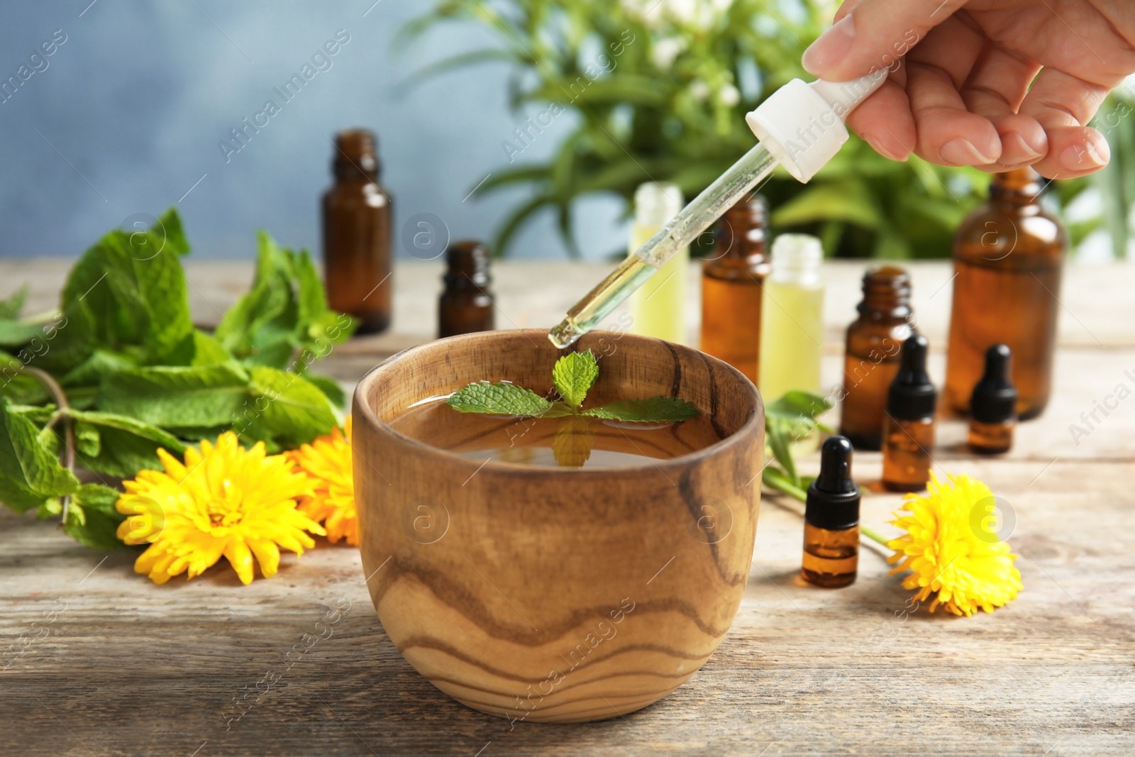 Photo of Woman dripping essential oil into bowl with water and mint on table