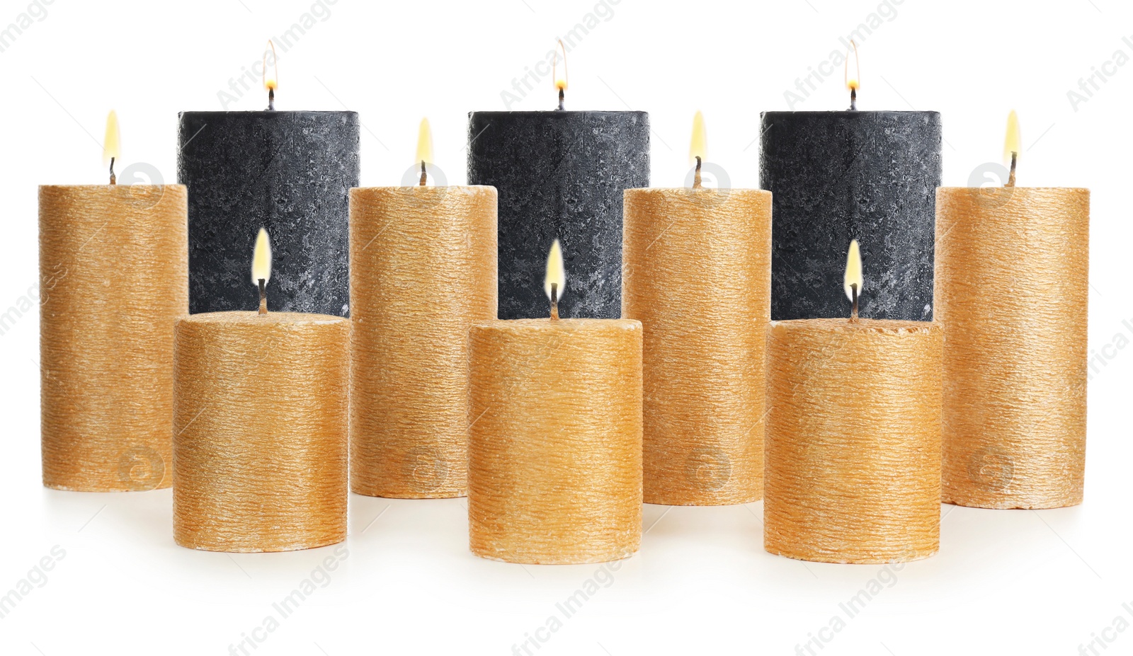 Image of Set of burning candles on white background. Banner design