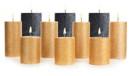 Image of Set of burning candles on white background. Banner design