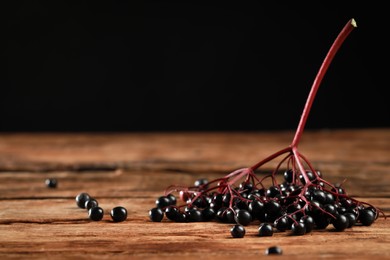 Photo of Elderberries (Sambucus) on wooden table against black background. Space for text