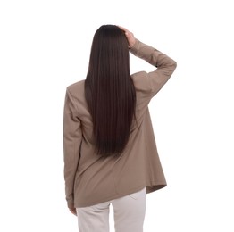 Photo of Businesswoman in suit on white background, back view