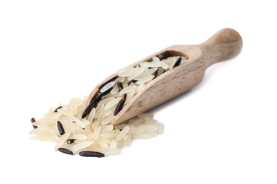 Photo of Mix of brown and polished rice and scoop isolated on white