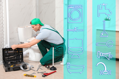 Image of Sanitary engineering service. Professional plumber repairing toilet tank in bathroom