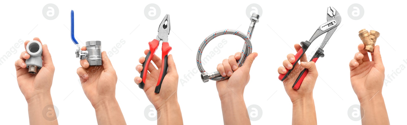 Image of Collage with photos of men holding different plumbing tools on white background. Banner design