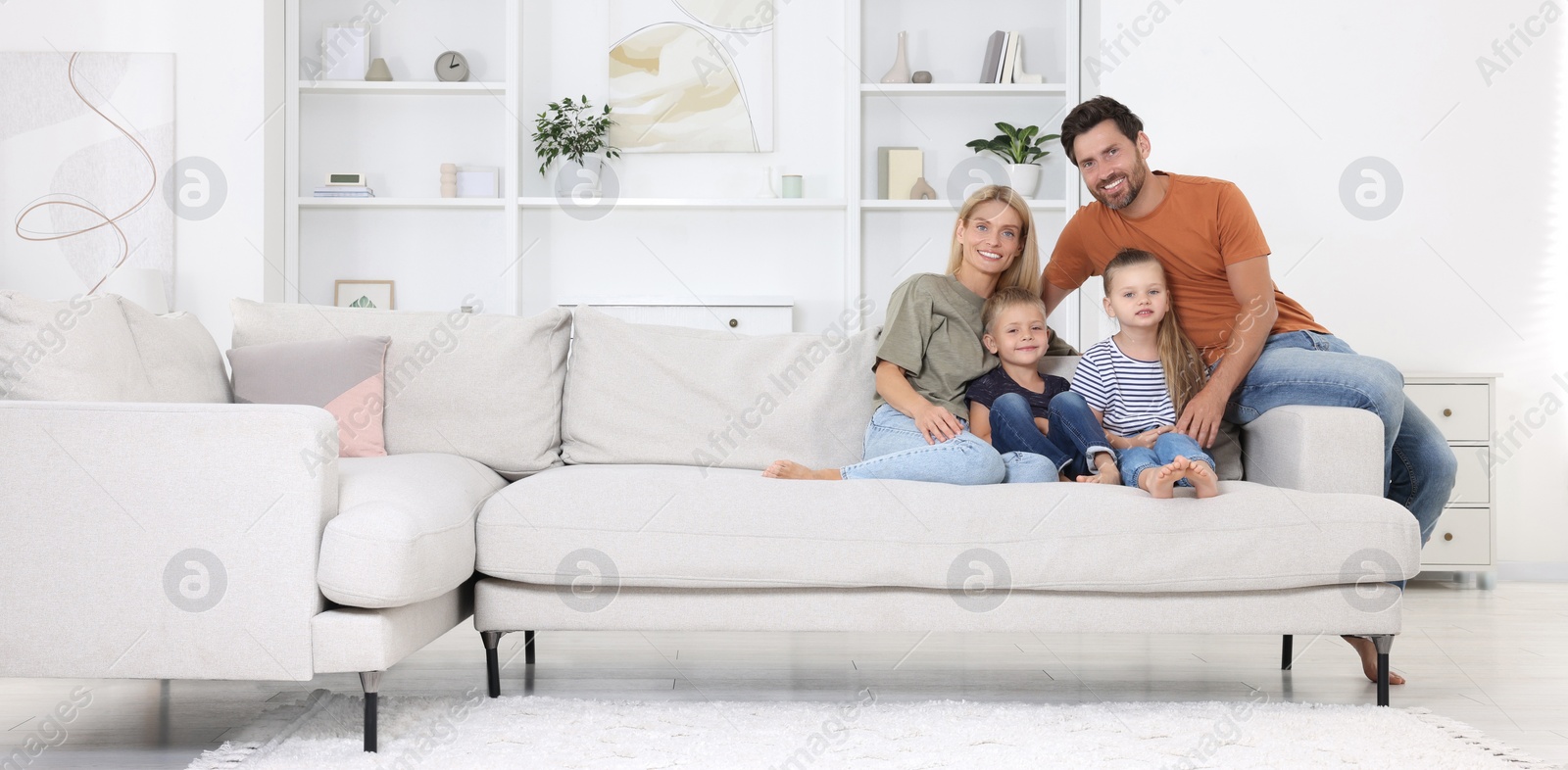 Image of Happy family with children at home, space for text. Banner design