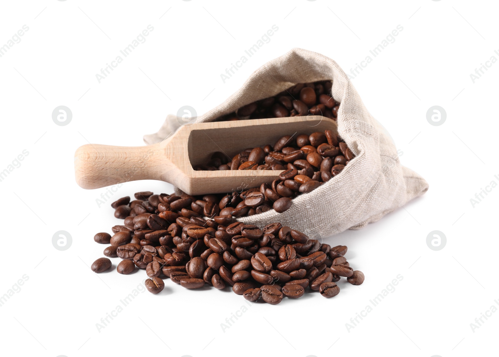 Photo of Bag and wooden scoop with roasted coffee beans isolated on white