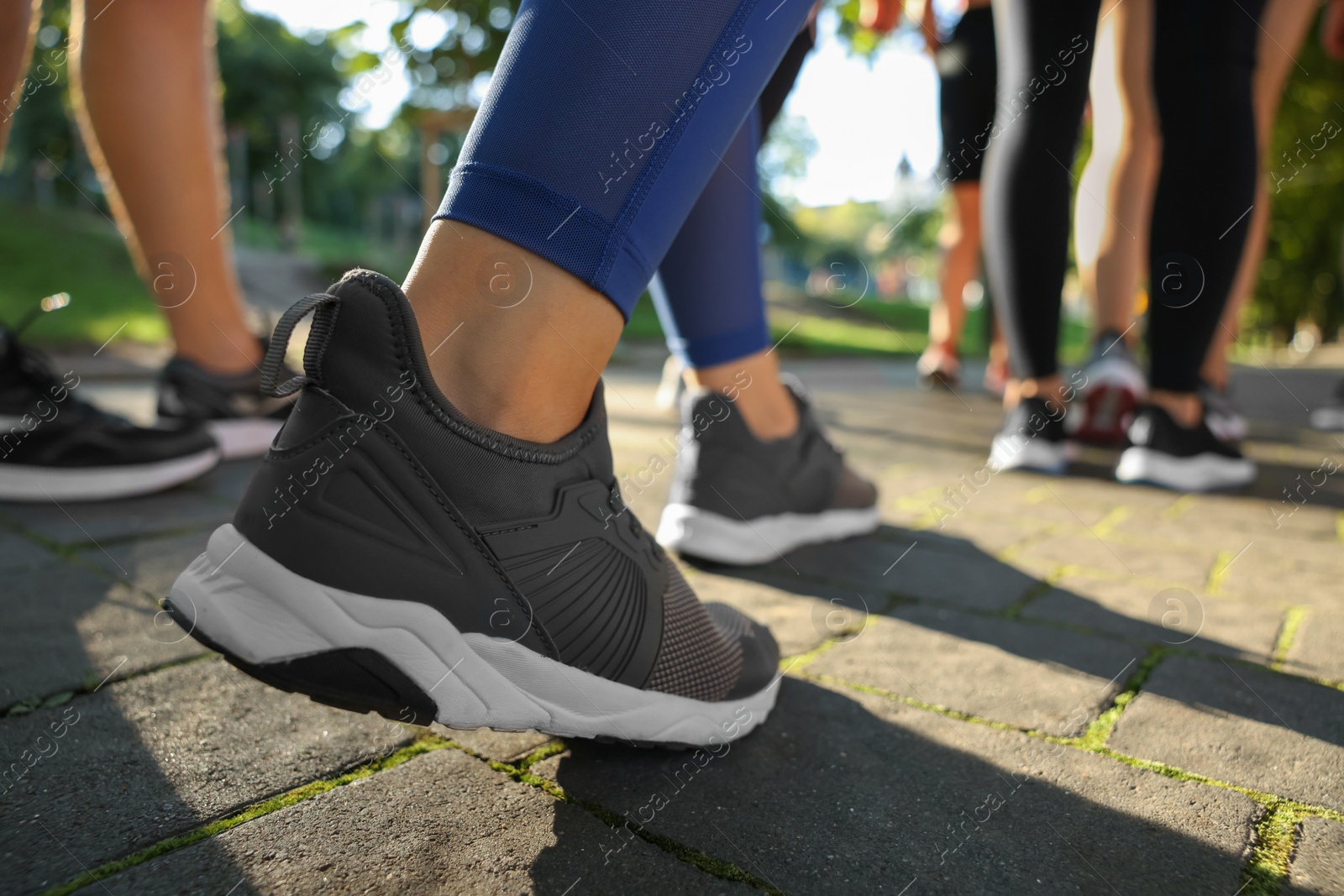 Photo of Group of people running in park on sunny day, closeup