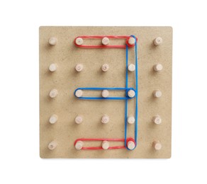 Photo of Wooden geoboard with number 3 made of colorful rubber bands isolated on white. Educational toy for motor skills development