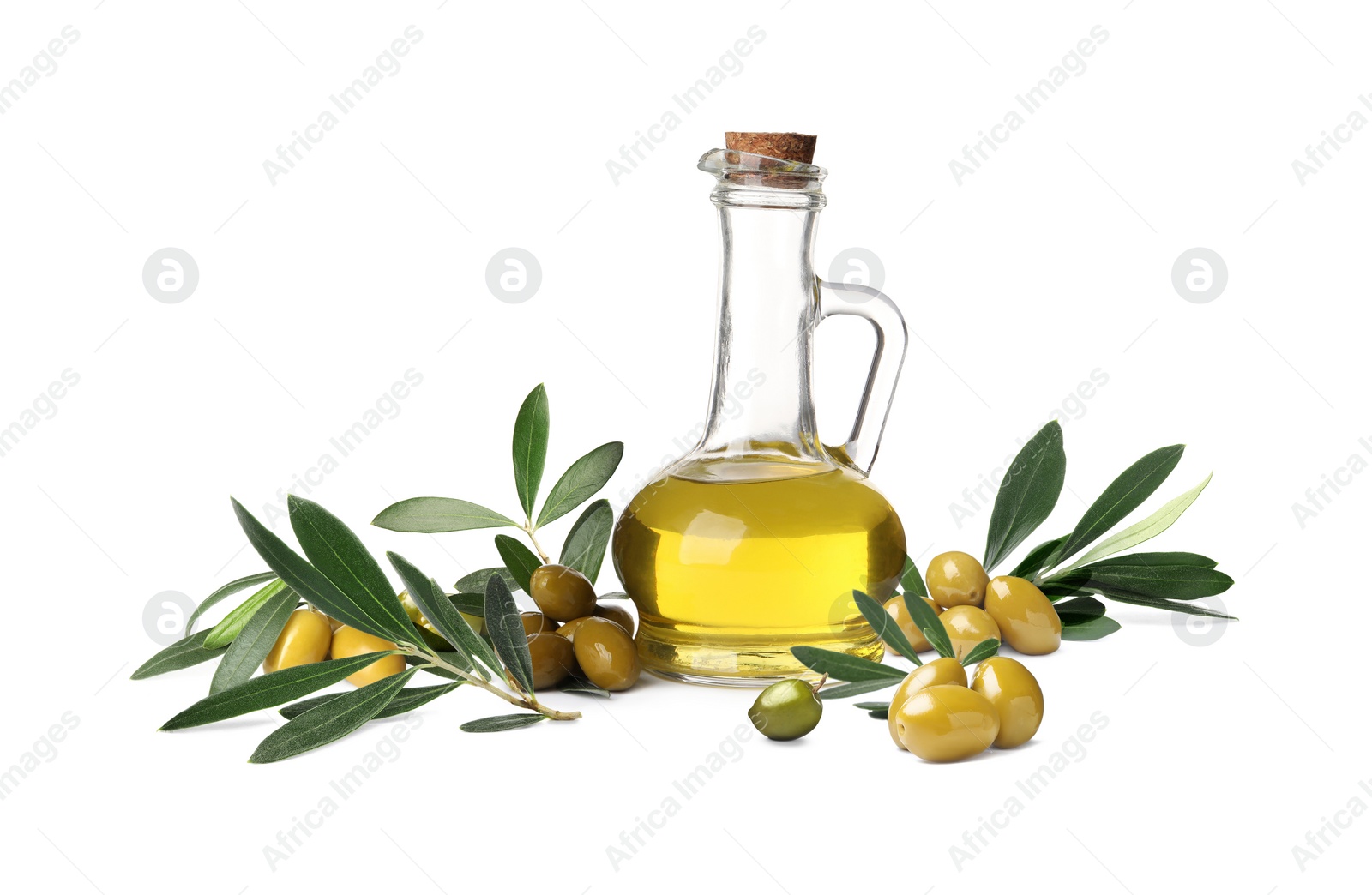 Image of Jug of oil, ripe olives and leaves on white background 