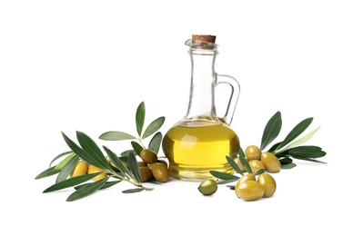 Image of Jug of oil, ripe olives and leaves on white background 