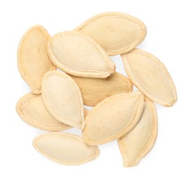 Photo of Dry pumpkin seeds isolated on white, top view