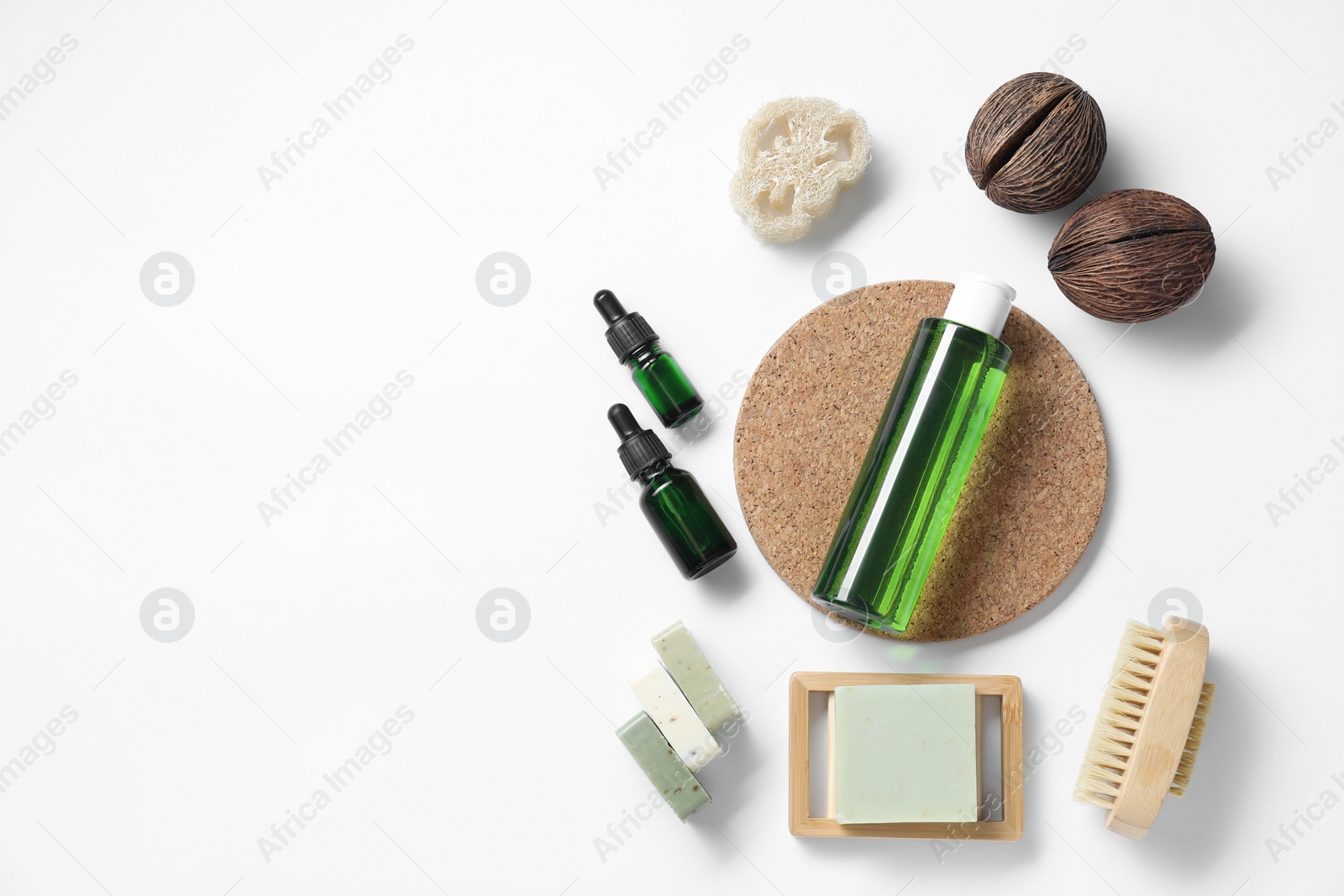 Photo of Bath accessories. Flat lay composition with personal care products on white background, space for text