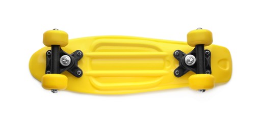 Photo of Yellow skateboard isolated on white, top view. Sport equipment