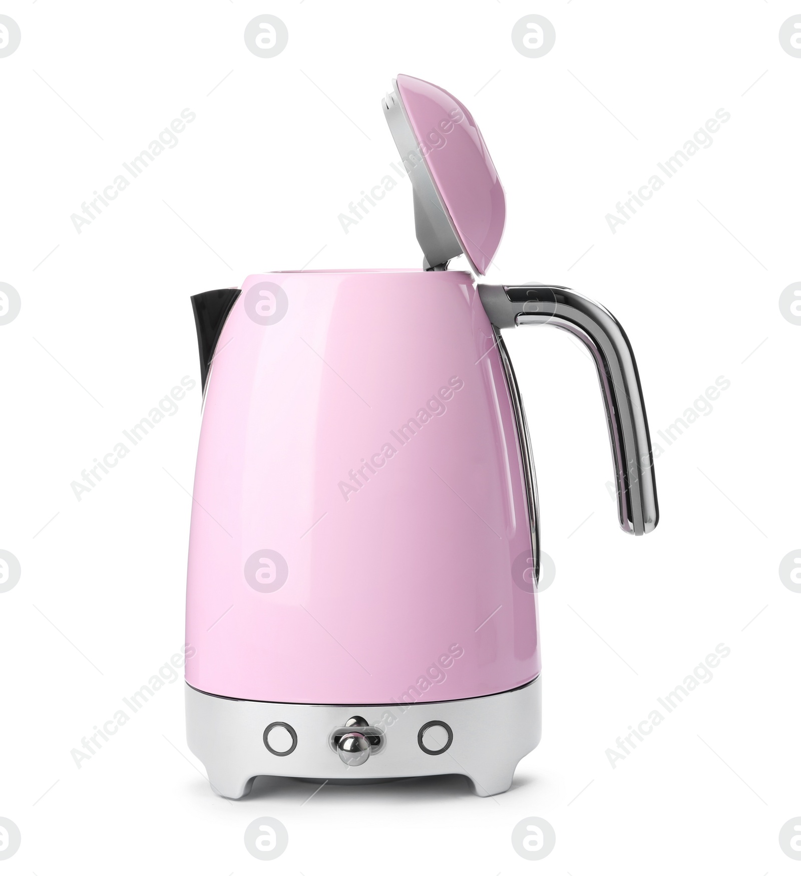 Photo of Modern pink electric kettle with base isolated on white