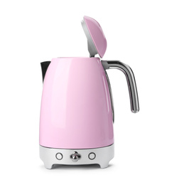 Photo of Modern pink electric kettle with base isolated on white