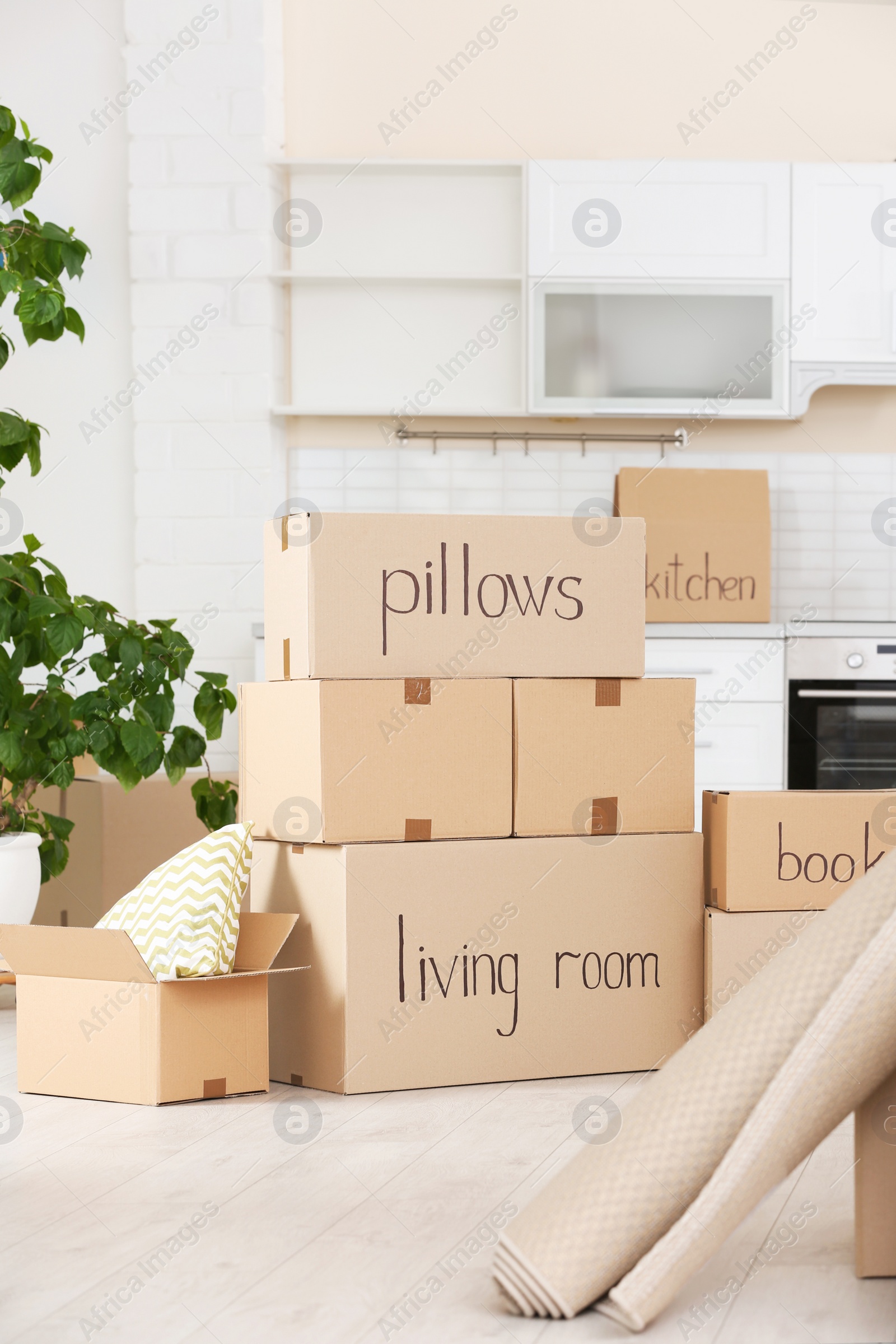 Photo of Cardboard boxes and household stuff in kitchen. Moving day