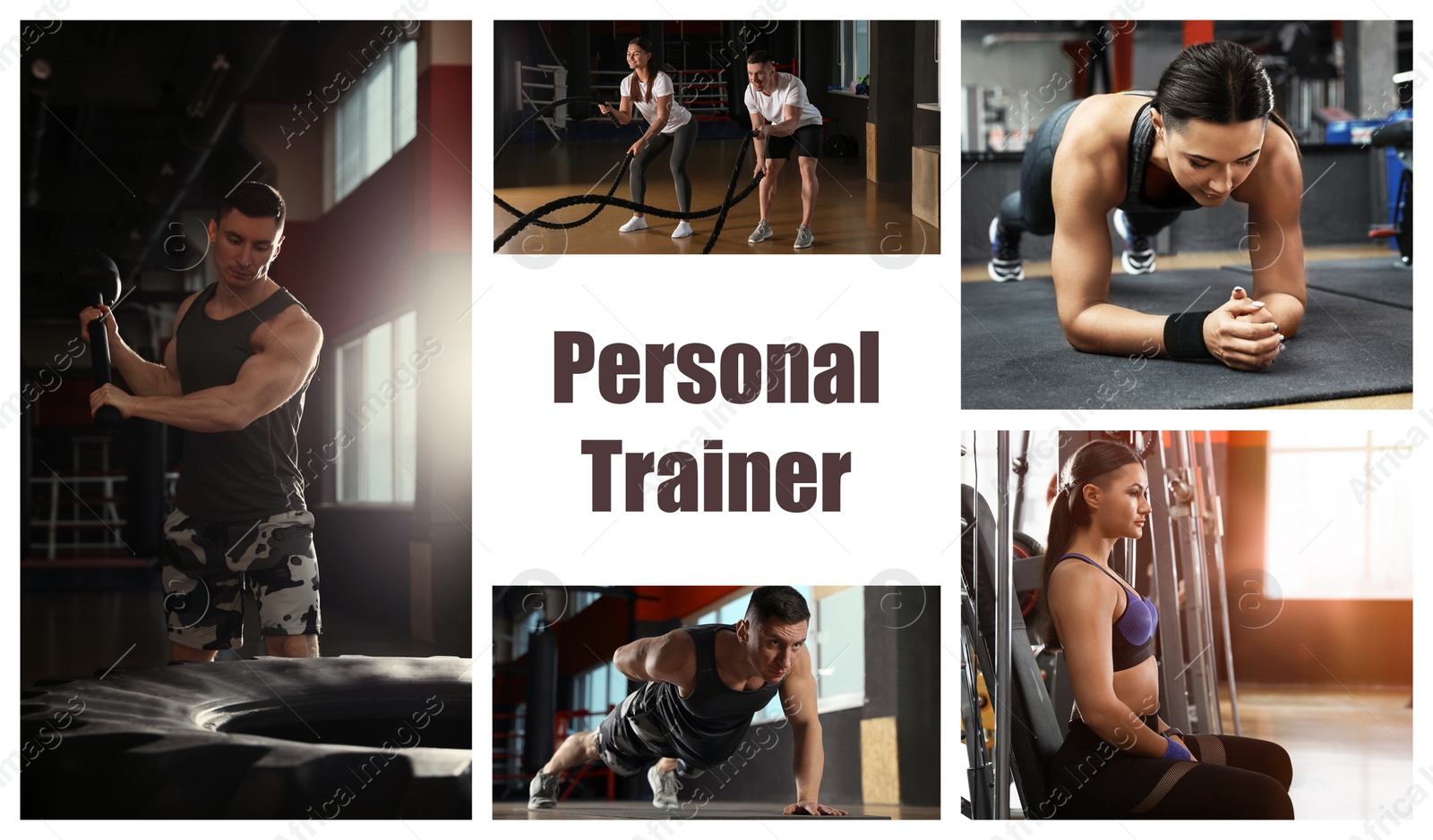 Image of Collage of people in modern gym and text Personal Trainer