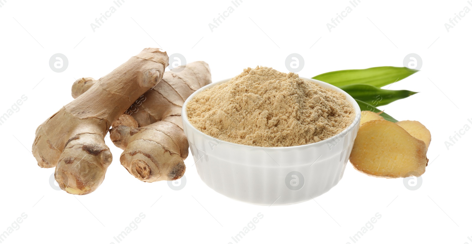 Photo of Dry ginger powder, fresh root and leaves isolated on white