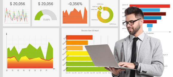 Image of Finance trading concept. Young man with laptop and charts, banner design