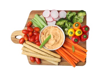 Board with delicious hummus, grissini sticks and fresh vegetables on white background, top view