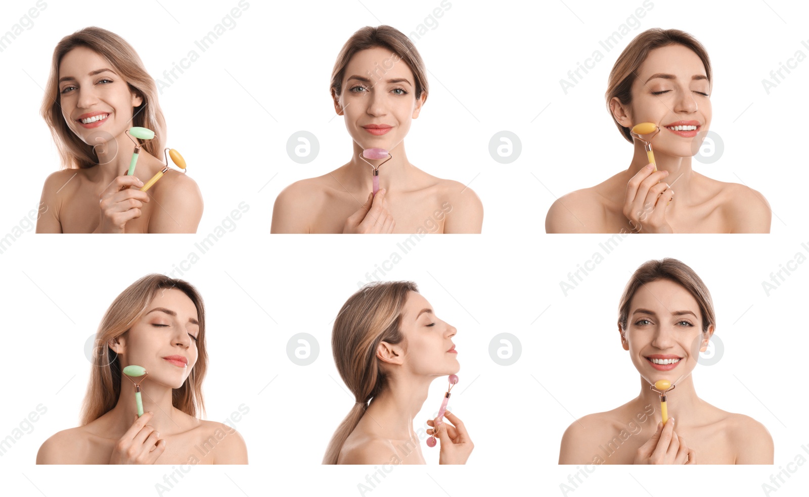 Image of Young woman using face roller on white background, collage. Banner design