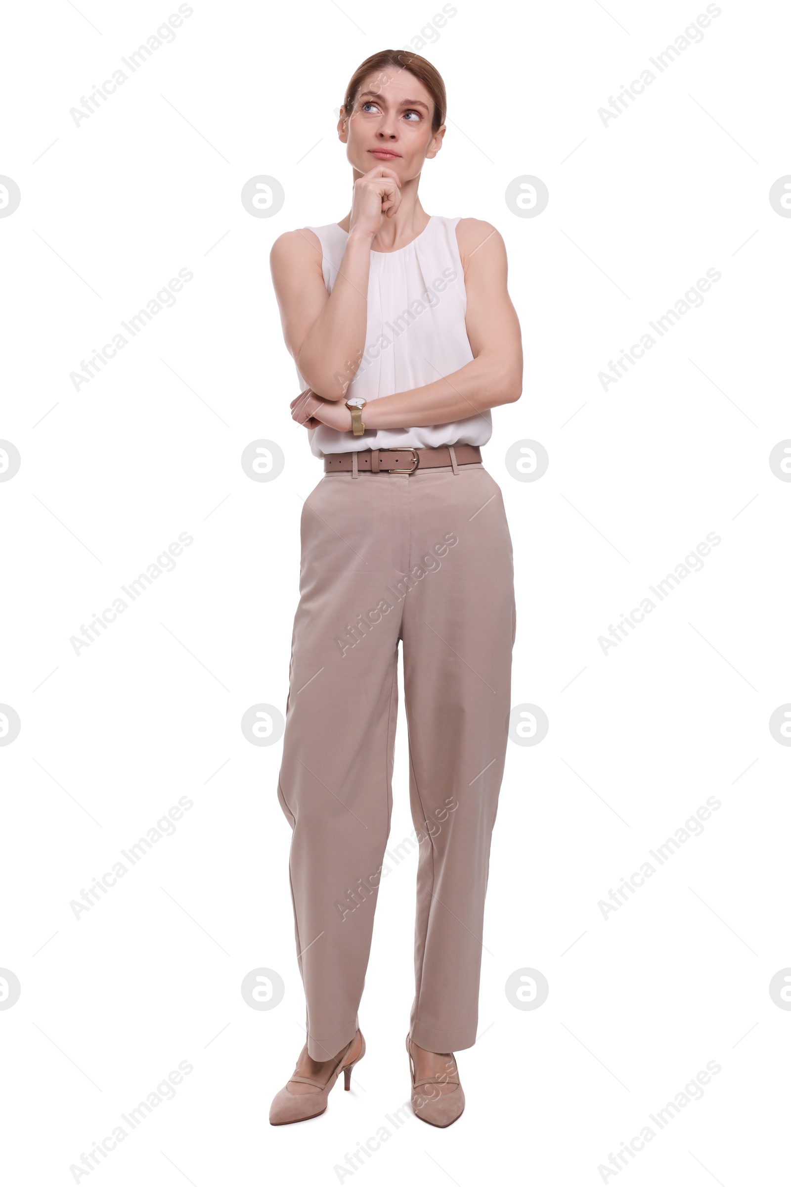 Photo of Full length portrait of beautiful businesswoman on white background