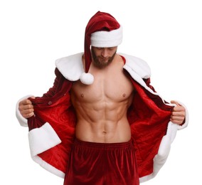 Photo of Attractive young man with muscular body in Santa costume on white background
