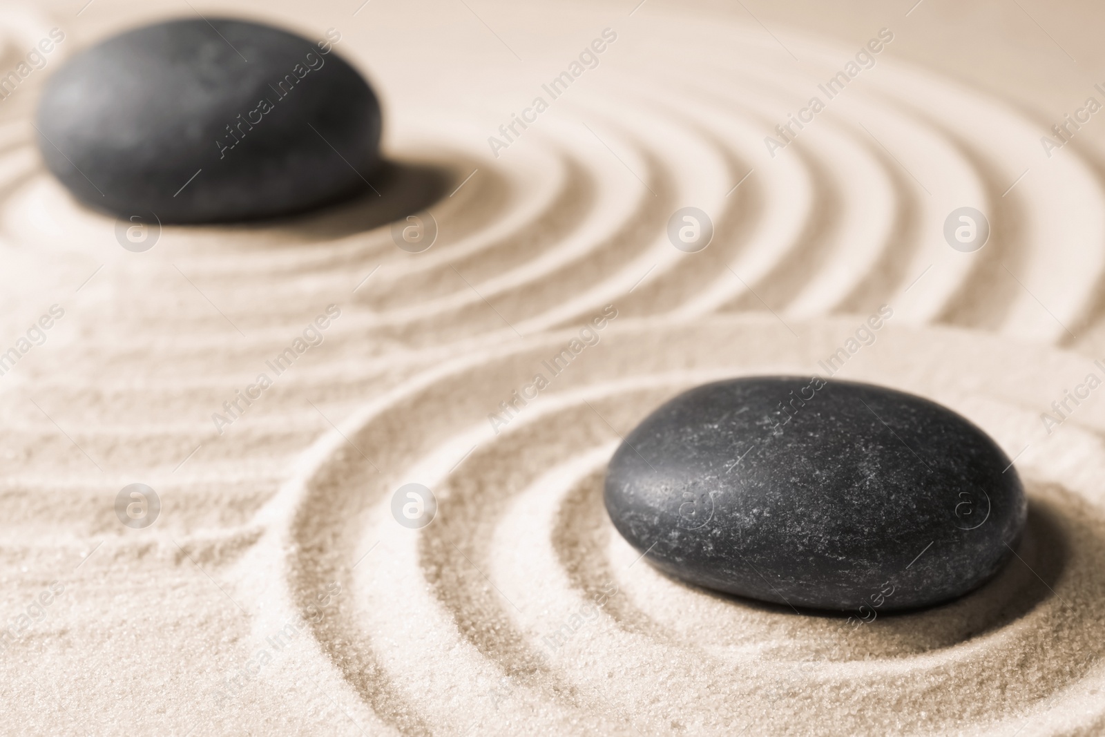 Photo of Zen garden stones on sand with pattern. Meditation and harmony