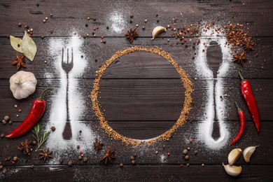 Photo of Beautiful flat lay composition with different spices, silhouettes of cutlery and plate on wooden background. Space for text